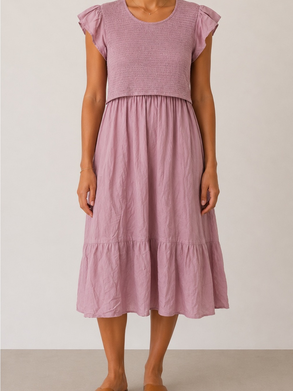 NWOT Nursing Friendly Pink/Mauve Knit-Bodice Midi Dress with Flutter Sleeves